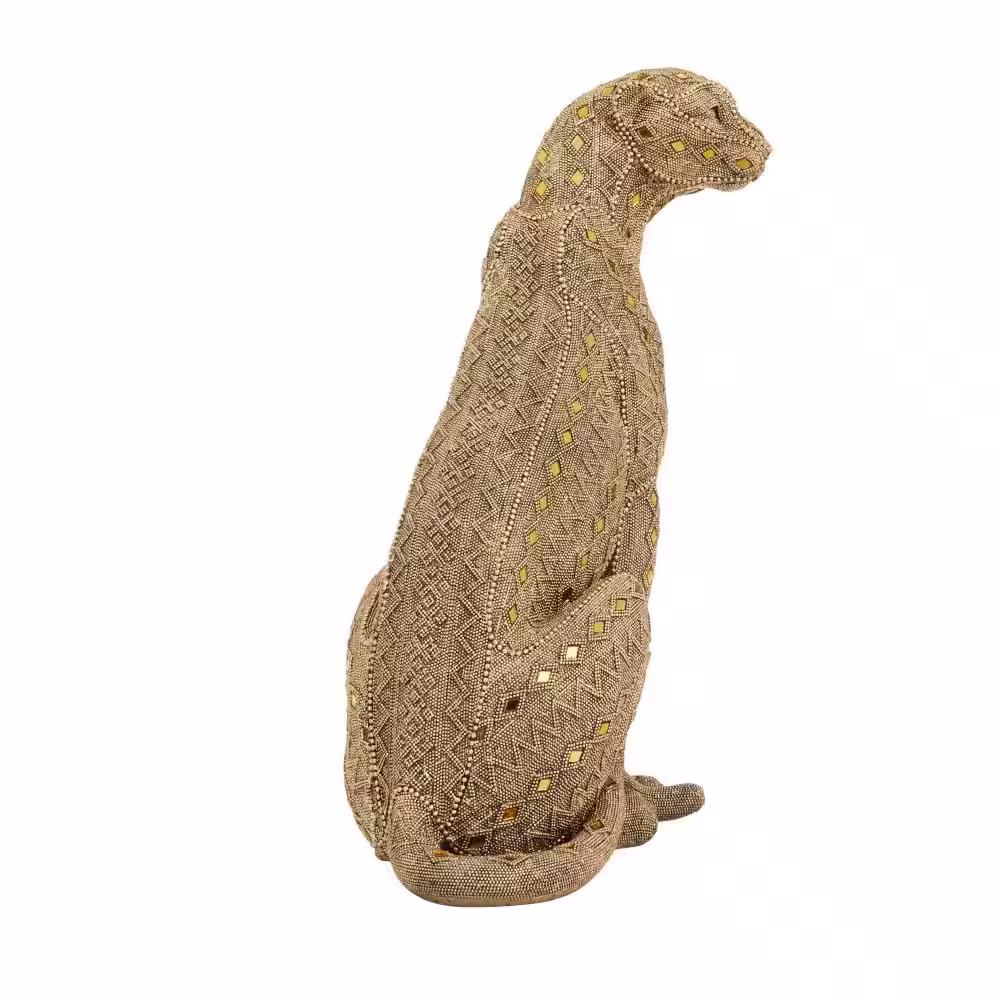 CosmoLiving by Cosmopolitan Gold Polystone Encrusted Beading Leopard Sculpture with Diamond Shaped Mirrored Accent