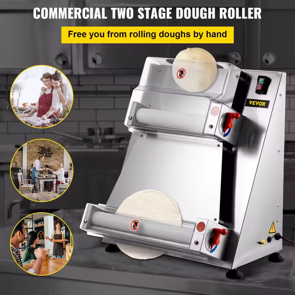 VEVOR Pizza Dough Roller Sheeter Max 16 in. Commercial Dough Roller Sheeter 370 Watt Stainless Steel Pizza Dough Roller