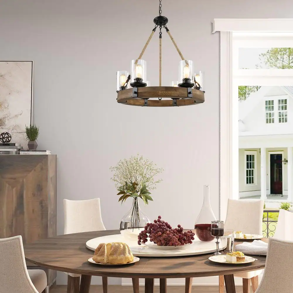 LNC Farmhouse Chandelier 6-Light Black Wagon Wheel Wood Island Chandelier with Clear Seeded Glass Shade and Rope Accents