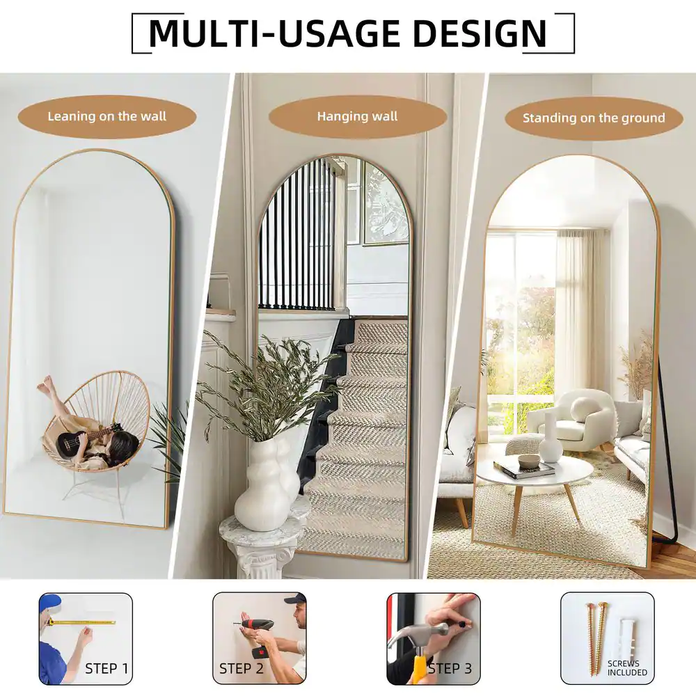 None 31.5 in. W x 71.5 in. H Large Arch Full Length Gold Wall Mounted/Standing Mirror Floor Mirror