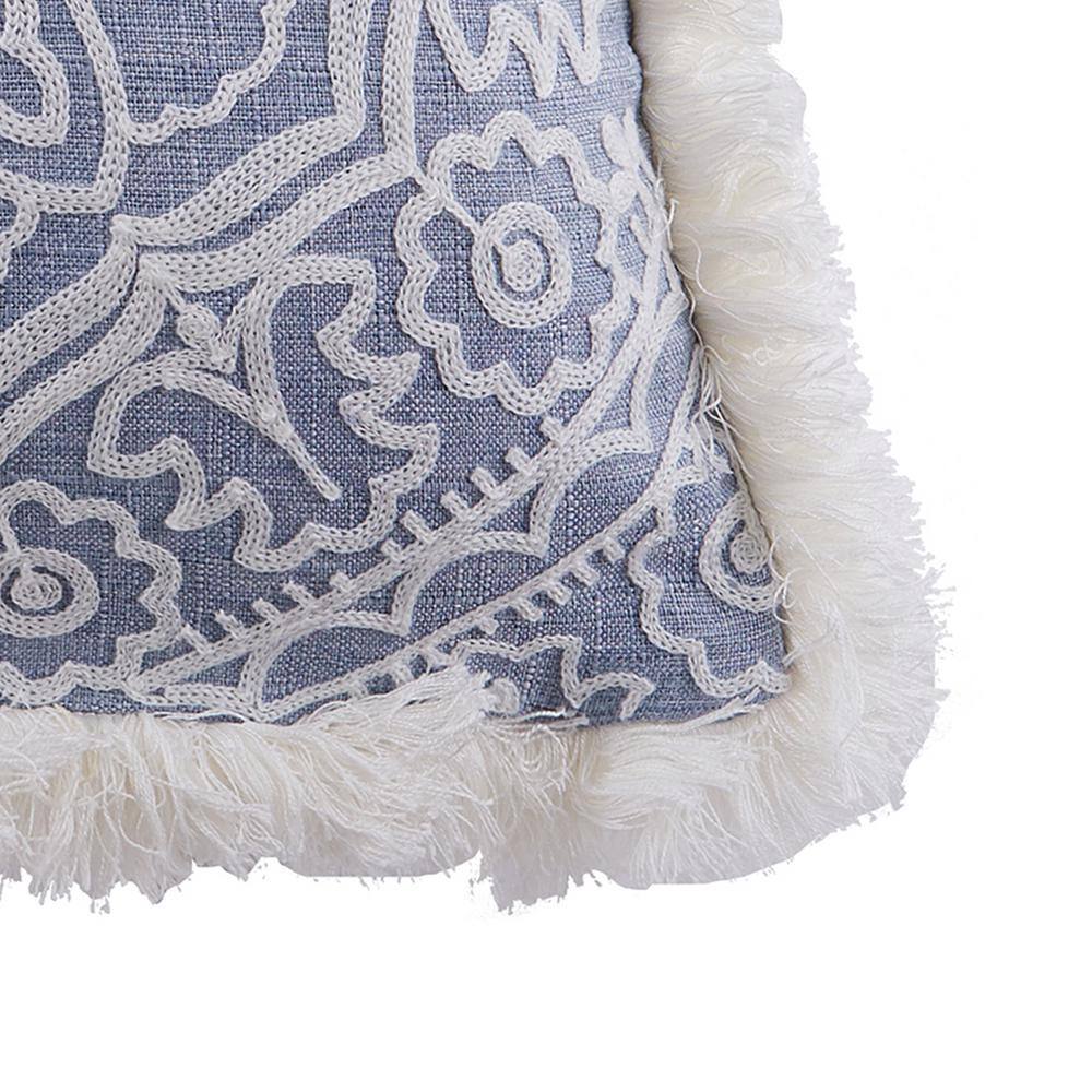 None Bennett Blue, white Medallion Embroidered, All Around Fringe 18 in. x 18 in. Throw Pillow
