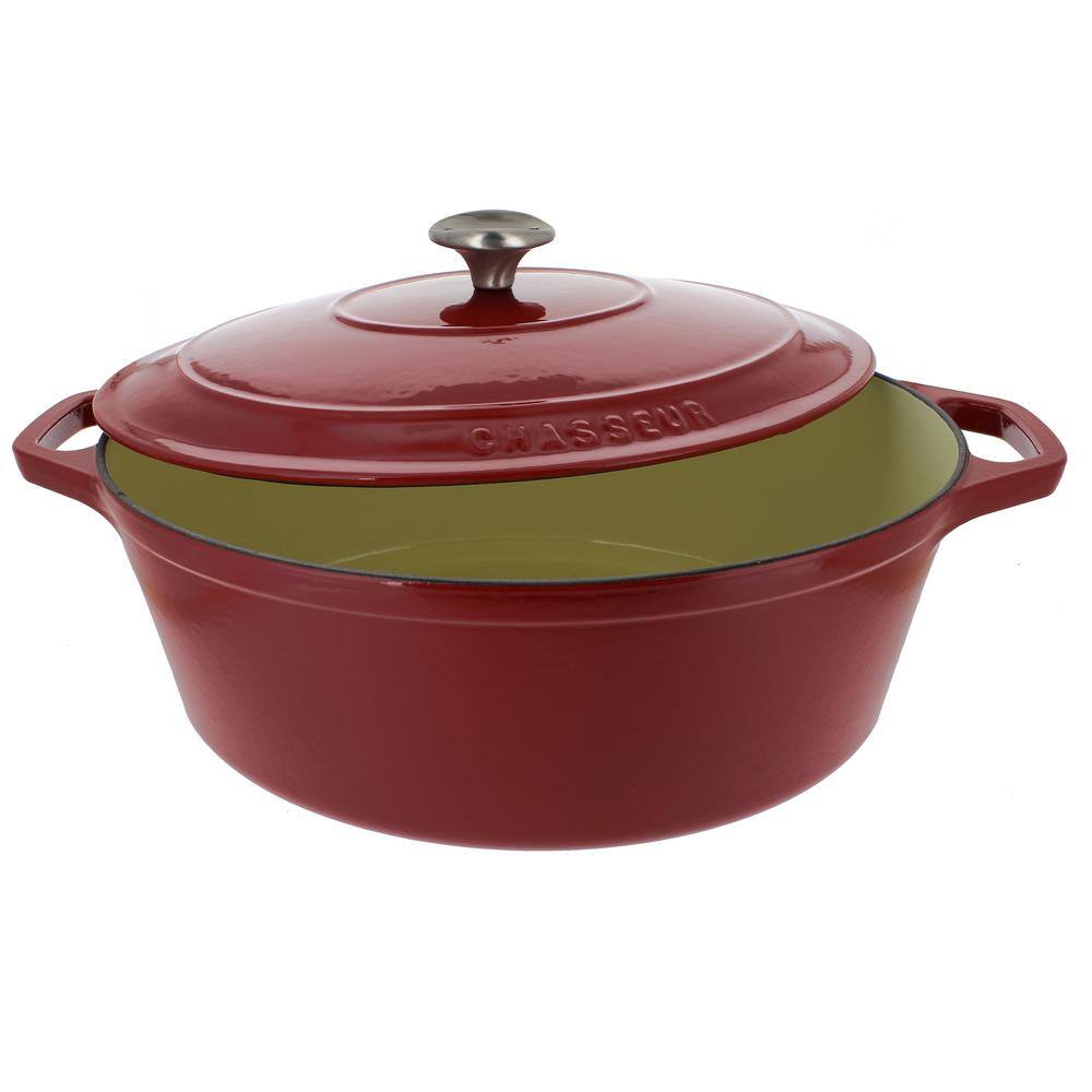 Chasseur French Enameled 7.25 qt. Oval Cast Iron Dutch Oven in Red with Lid