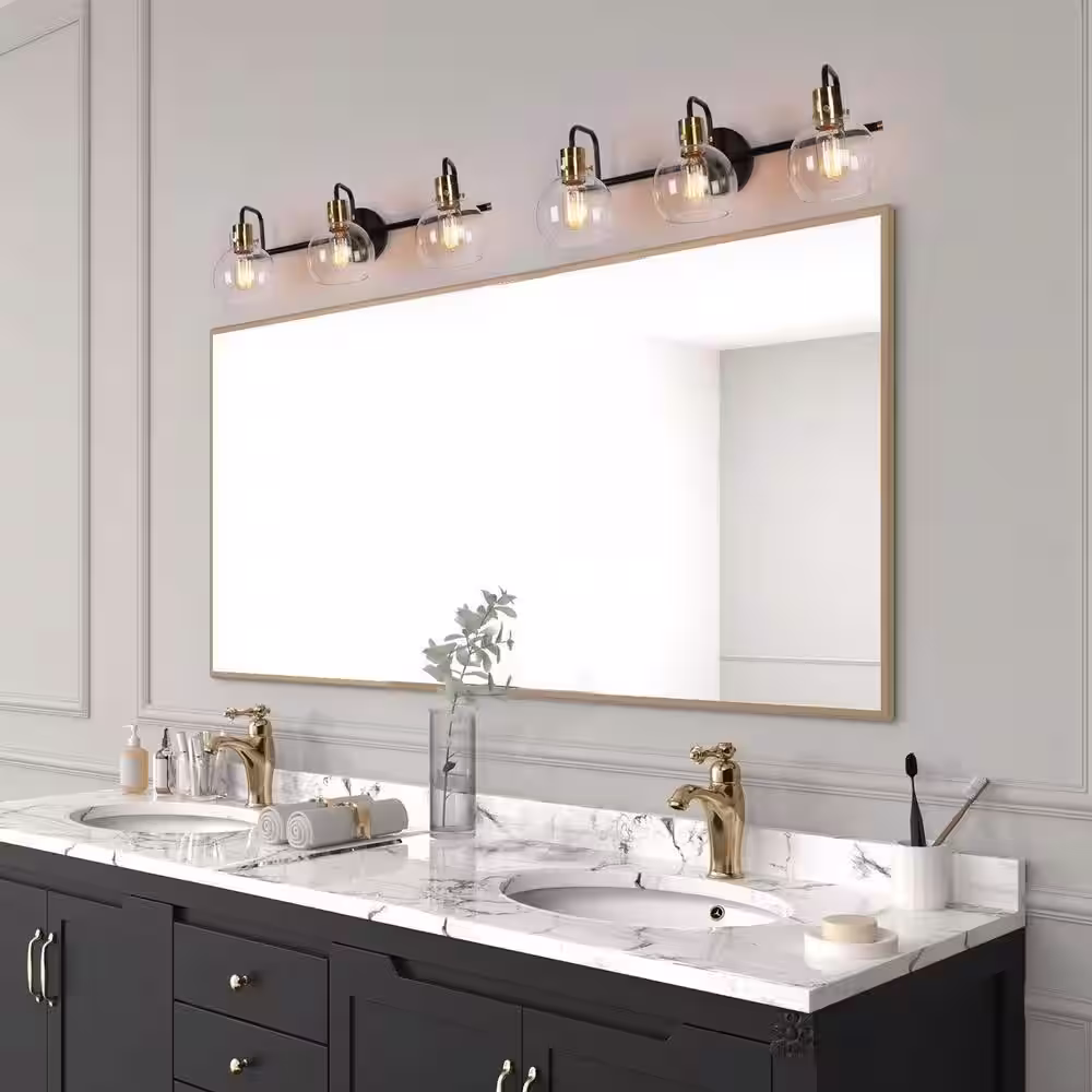 Zevni 23 in. 3-Light Black Bathroom Vanity Light, Modern Polished Brass DIY Bath Light, Classic Globe Clear Glass Wall Sconce