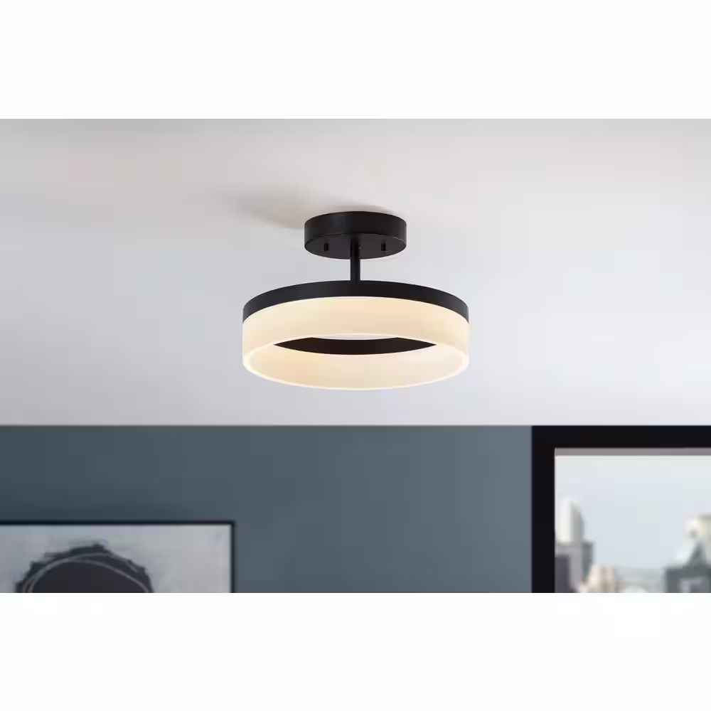 Home Decorators Collection Kipling 13.78 in. Black LED Semi Flush Mount