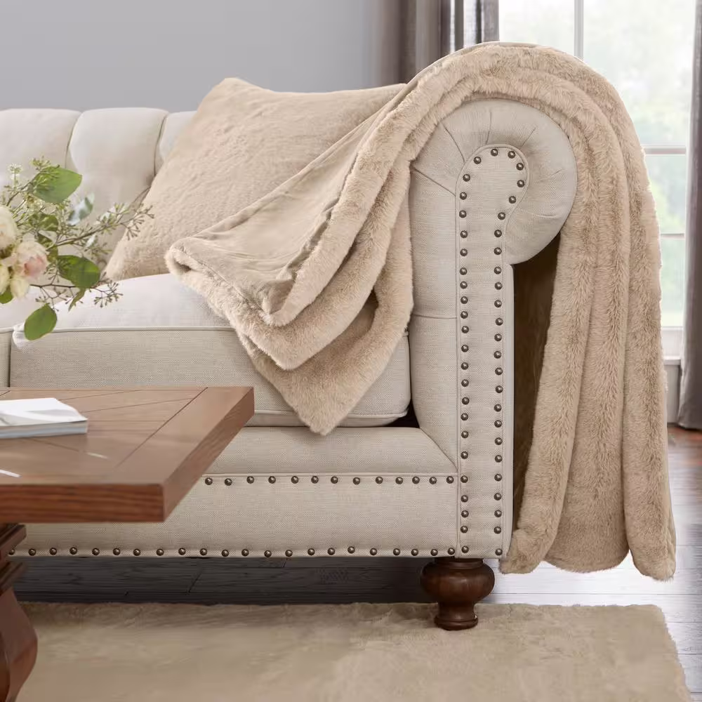 Home Decorators Collection Piper Taupe Faux Rabbit Fur 20 in. x 20 in. Square Throw Pillow