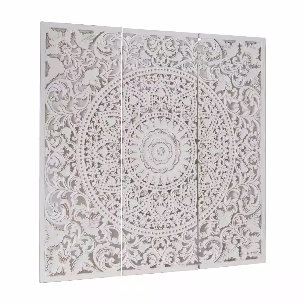 Litton Lane White Wood Handmade Intricately Carved Floral Wall Art with Mandala Design (Set of 3)