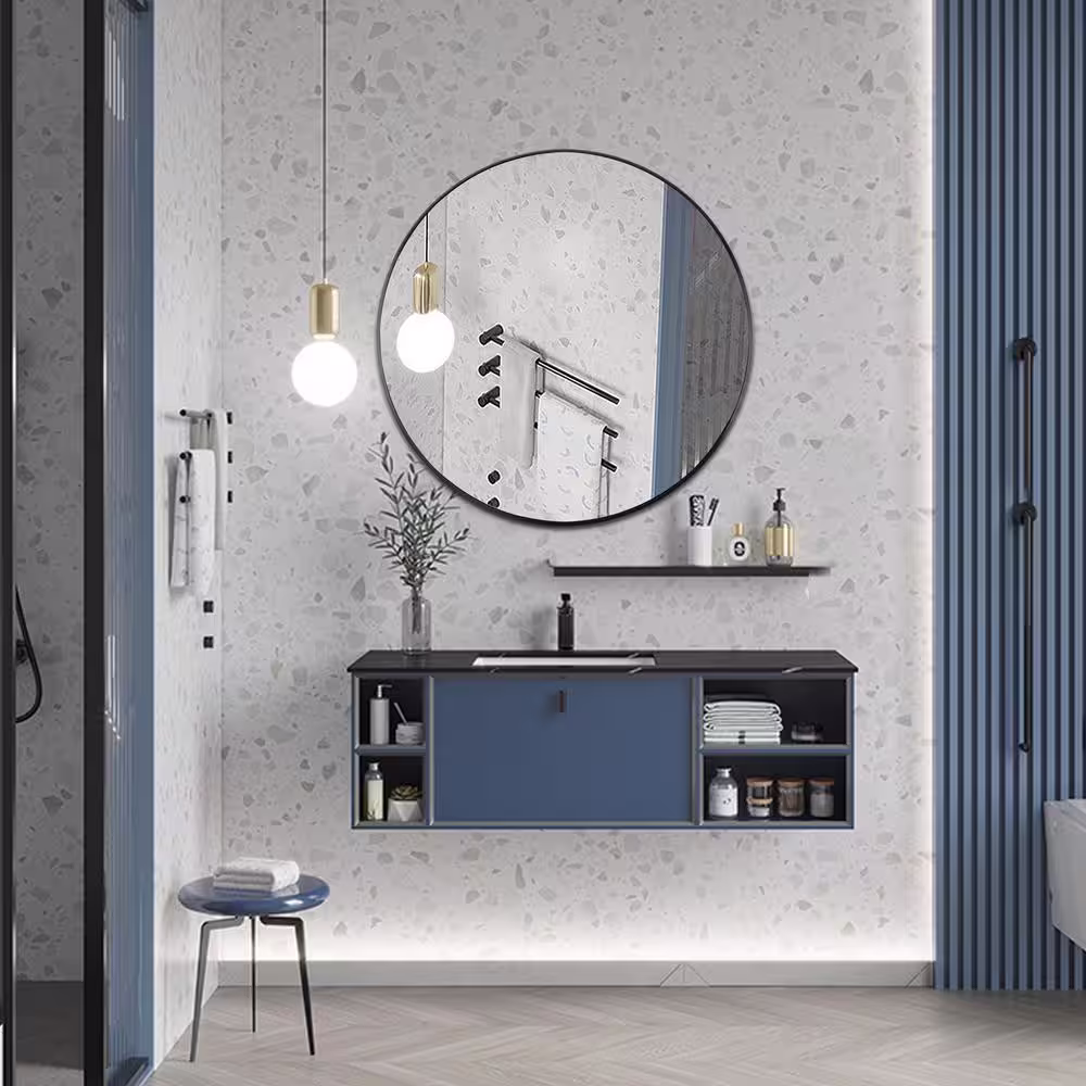 None TA 36 in. x 36 in. Black Modern Round Framed Decorative Mirror