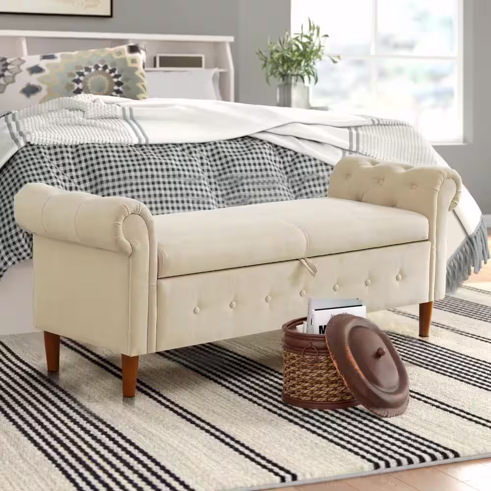 None Beige Tufted Fabric/PU Storage Bench 63 in. L x 22.1 in. W x 24.1 in. H