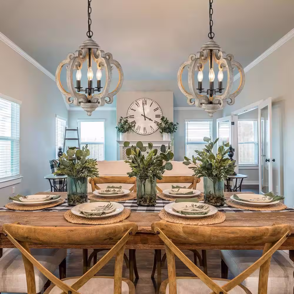 LNC Globe Wood Chandelier Washed Gray Round Pendant 3-Light Farmhouse Candlestick Chandelier Rustic Hanging Lantern