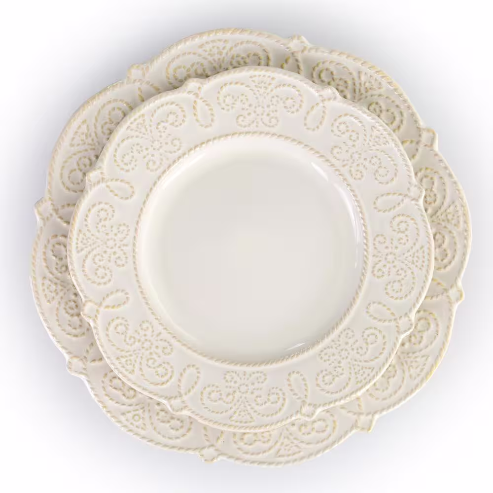Elama 16-Piece Luna Embossed Scalloped White Stoneware Dinnerware Set (Service for 4)