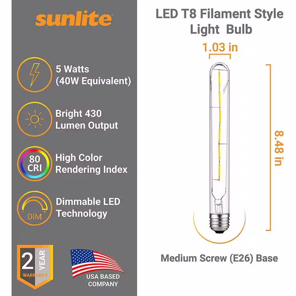 Sunlite 40-Watt Equivalent T8 Tubular Dimmable Filament E26 Base Vintage Edison LED Light Bulb in Warm White 2700K (2-Pack)