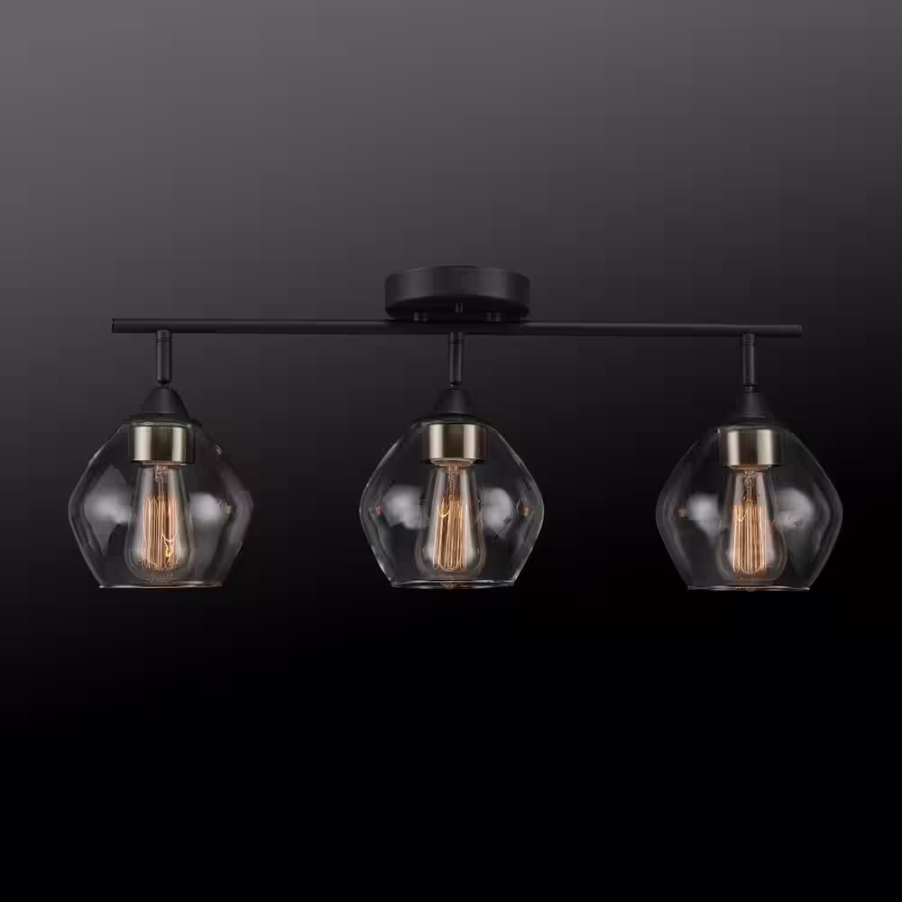 Globe Electric Harrow 2.07 ft. 3-Lights Matte Black Fixed Track Lighting Kit with Brass Accents and Clear Glass Shades, Bulbs Included