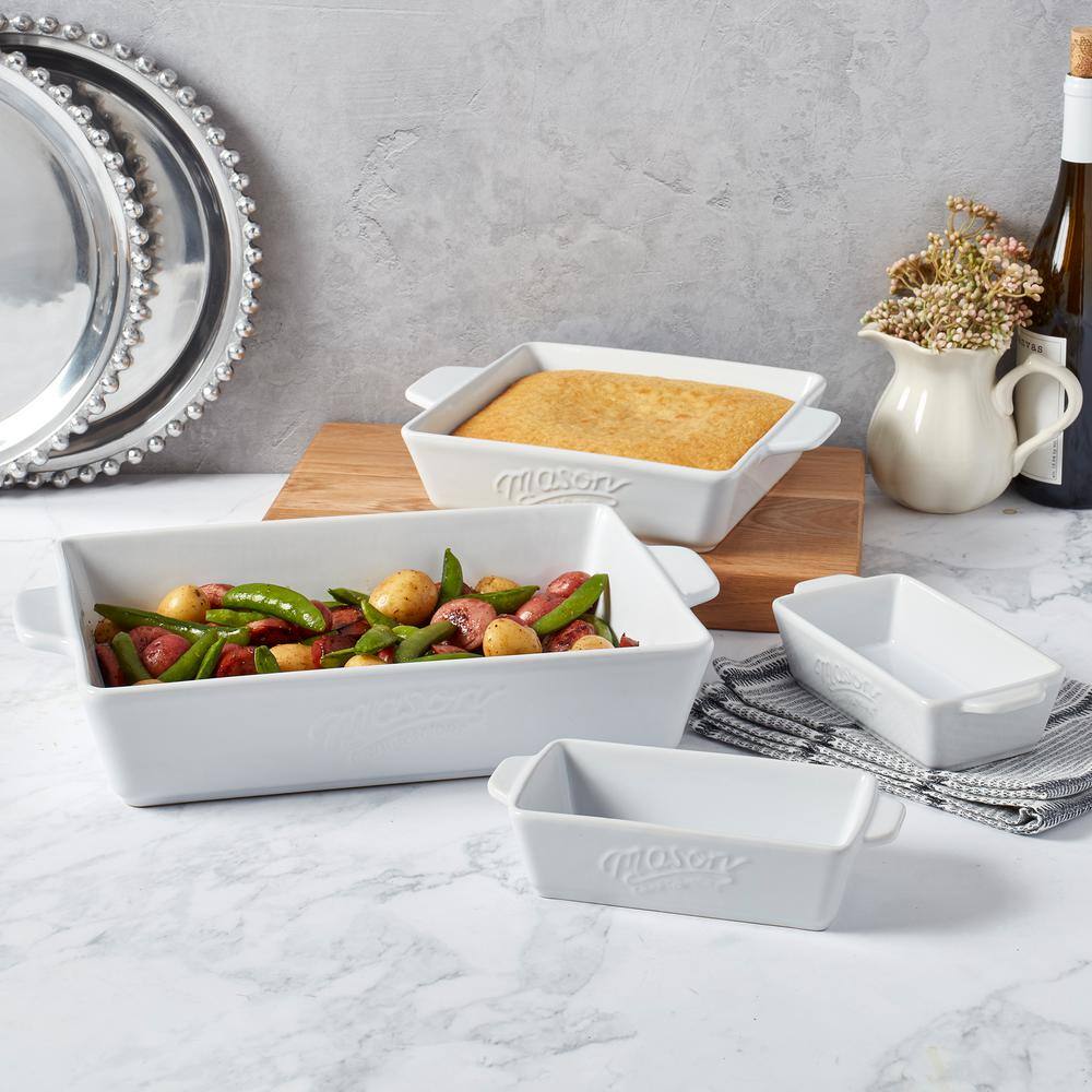Mason Craft and More 4 Piece Rectangular White Stoneware Baker Set with Handles