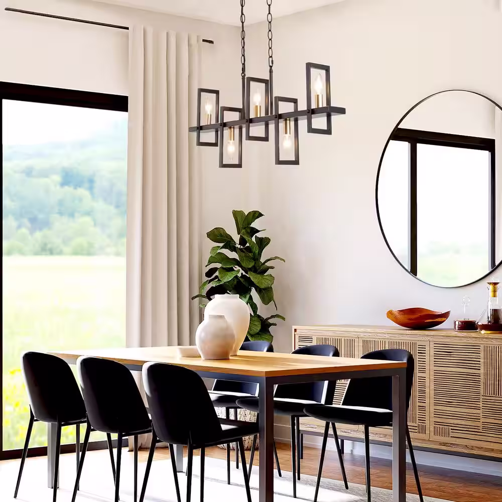 Uolfin Modern Rectangle Dining Table Chandelier Transitional 5-Light Black and Brass Kitchen Island Candlestick Chandelier