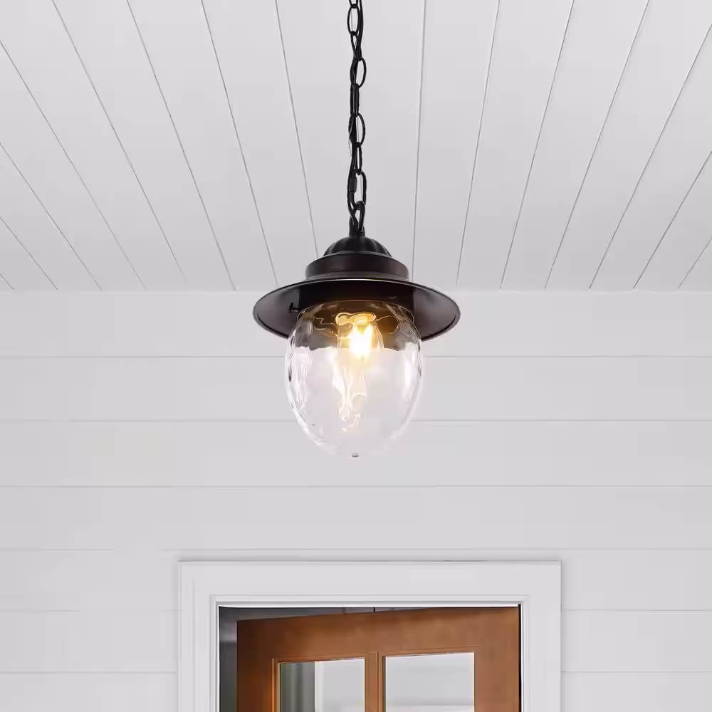 JONATHAN Y Manteo 8.25 in. 1-Light Oil Rubbed Bronze/Clear Outdoor LED Pendant Farmhouse Industrial Iron/Glass