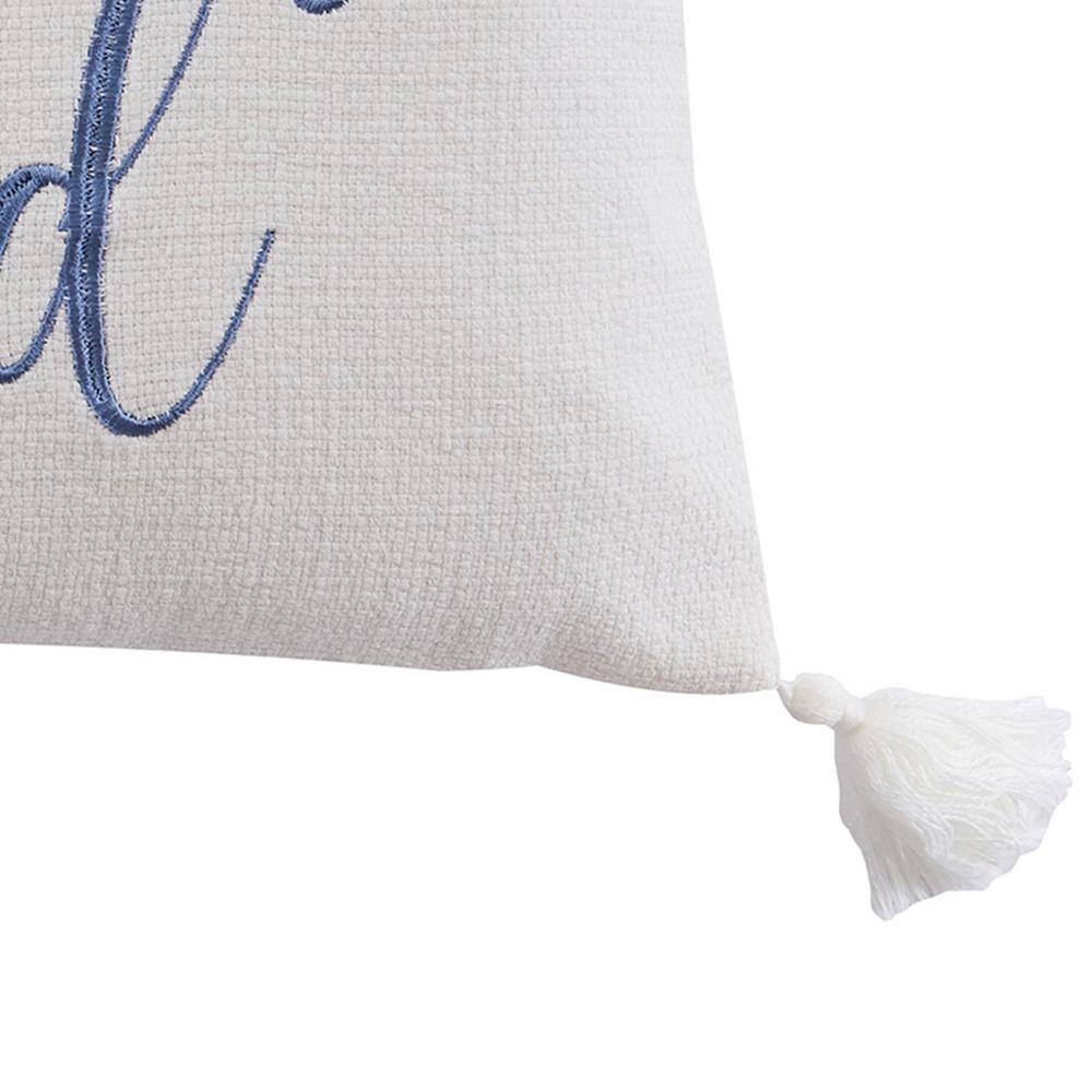 None Bennett White, Blue Let's Stay In Bed Embroidered, Tassels 14 in. x 18 in. Throw Pillow