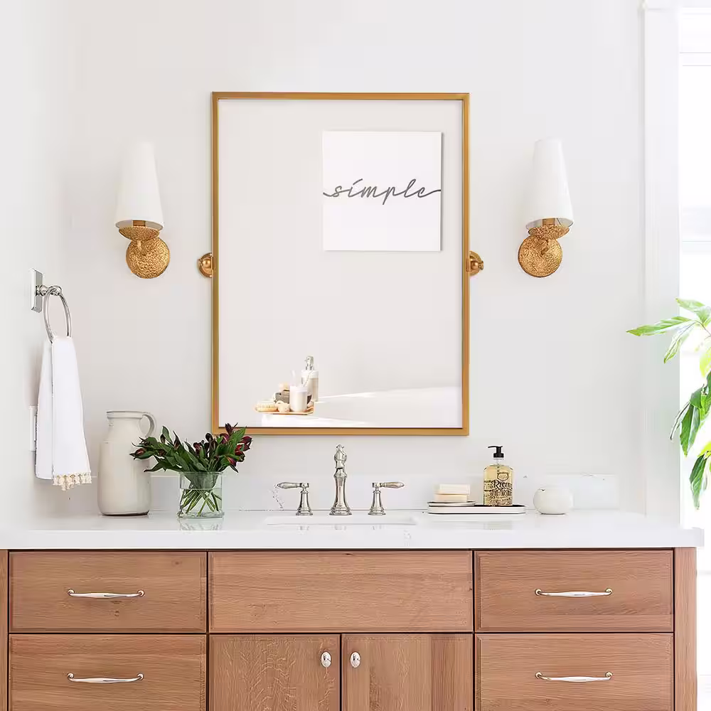 None 24 in. W x 31.5 in. H Modern Rectangle Metal Framed Gold Pivoted Wall Vanity Mirror