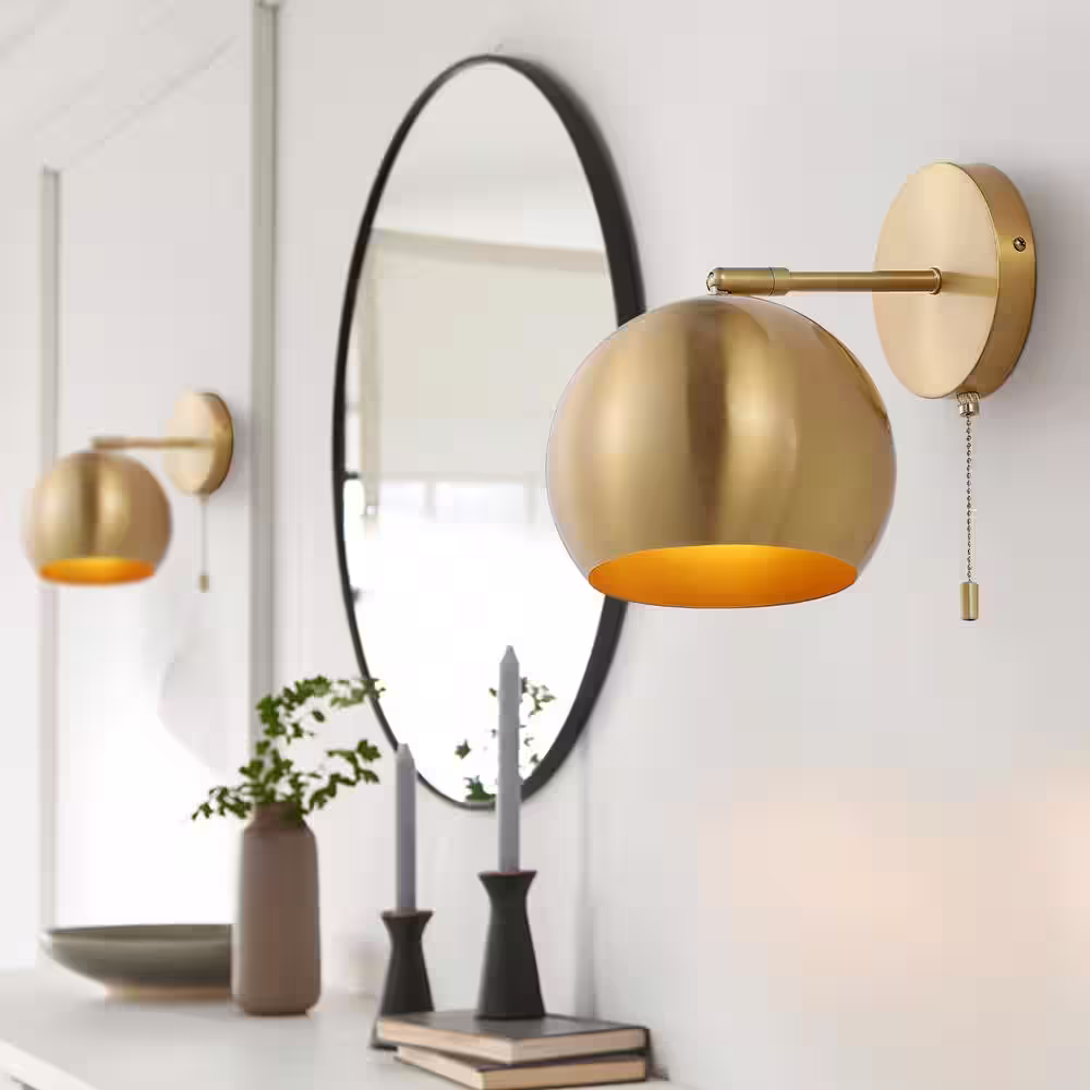 JONATHAN Y Tierra 7 in. 1-Light Brass Gold Modern Midcentury Iron LED Sconce with Pull-Chain Switch (Set of 2)