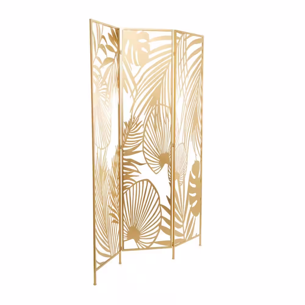 Litton Lane 6 ft. Gold 3 Panel Hinged Foldable Partition Room Divider Screen with Palm Leaf Patterns