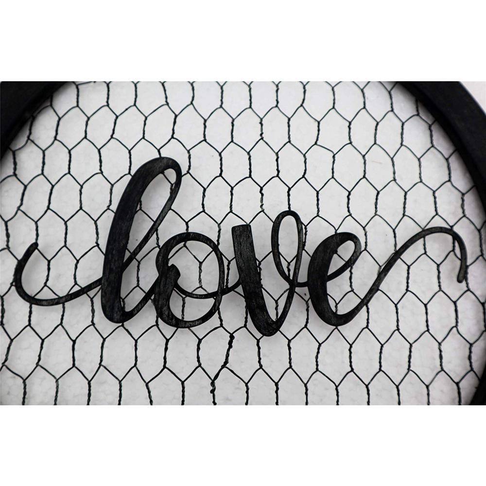 None Love Round Retro Black Metal Wall Decorative Sign with Fabric Floral Decor