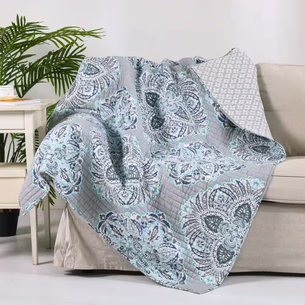 None Tania Grey, Blue Medallion Quilted Cotton Throw Blanket