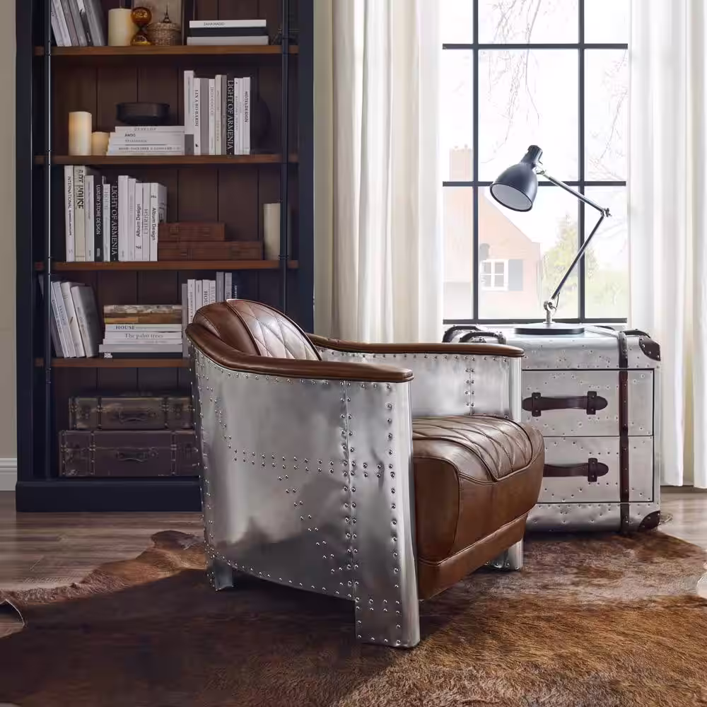 Lucky-Angel Top Leather Cognac Mid Century Modern Genuine Leather Accent Armchair with Vintage Aluminum Exterior Accented and Rivets