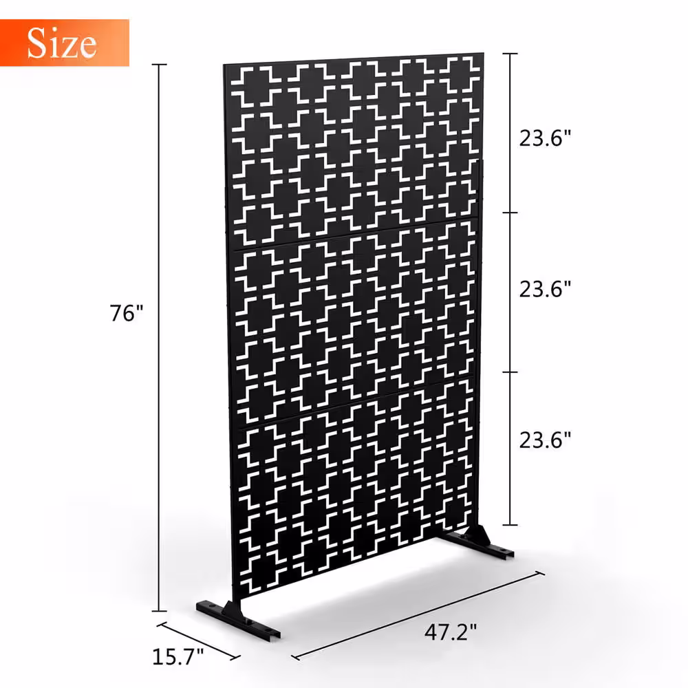 None 76 in. x 47.2 in. Laser Cut Metal Black Outdoor Privacy Screen Square Pattern
