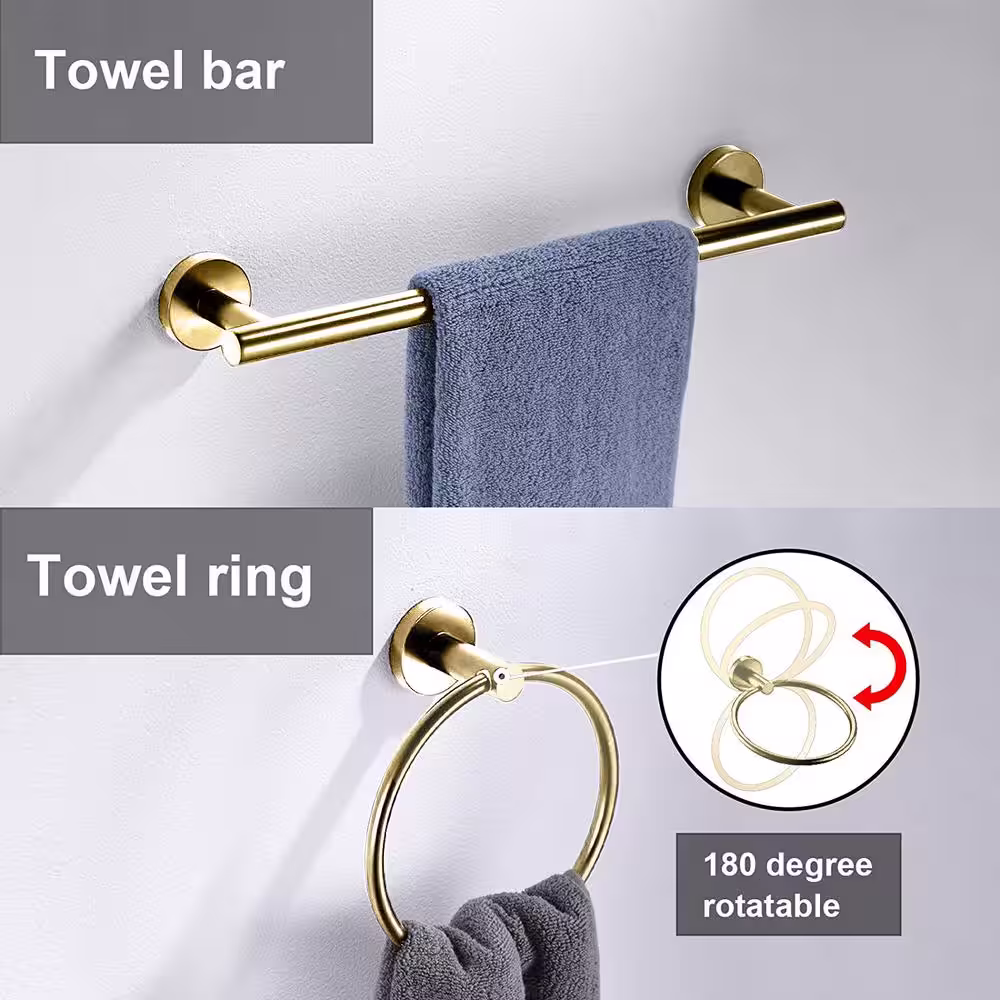 Interbath 6-Piece Bath Hardware Set with Towel Ring Toilet Paper Holder Towel Hook and Towel Bar in Stainless Steel Brushed Gold