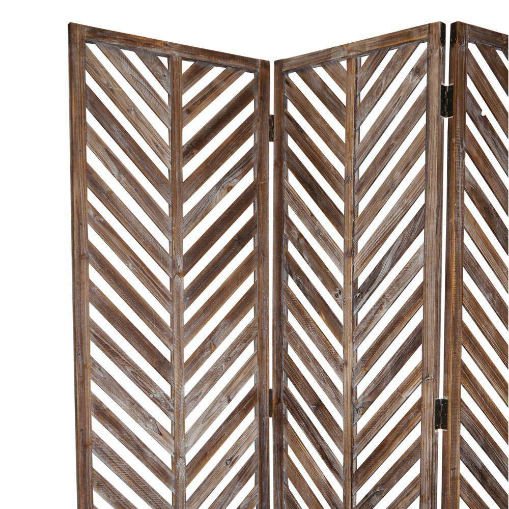 Benjara Brown 3 Panel Foldable Wooden Screen with Herringbone Pattern