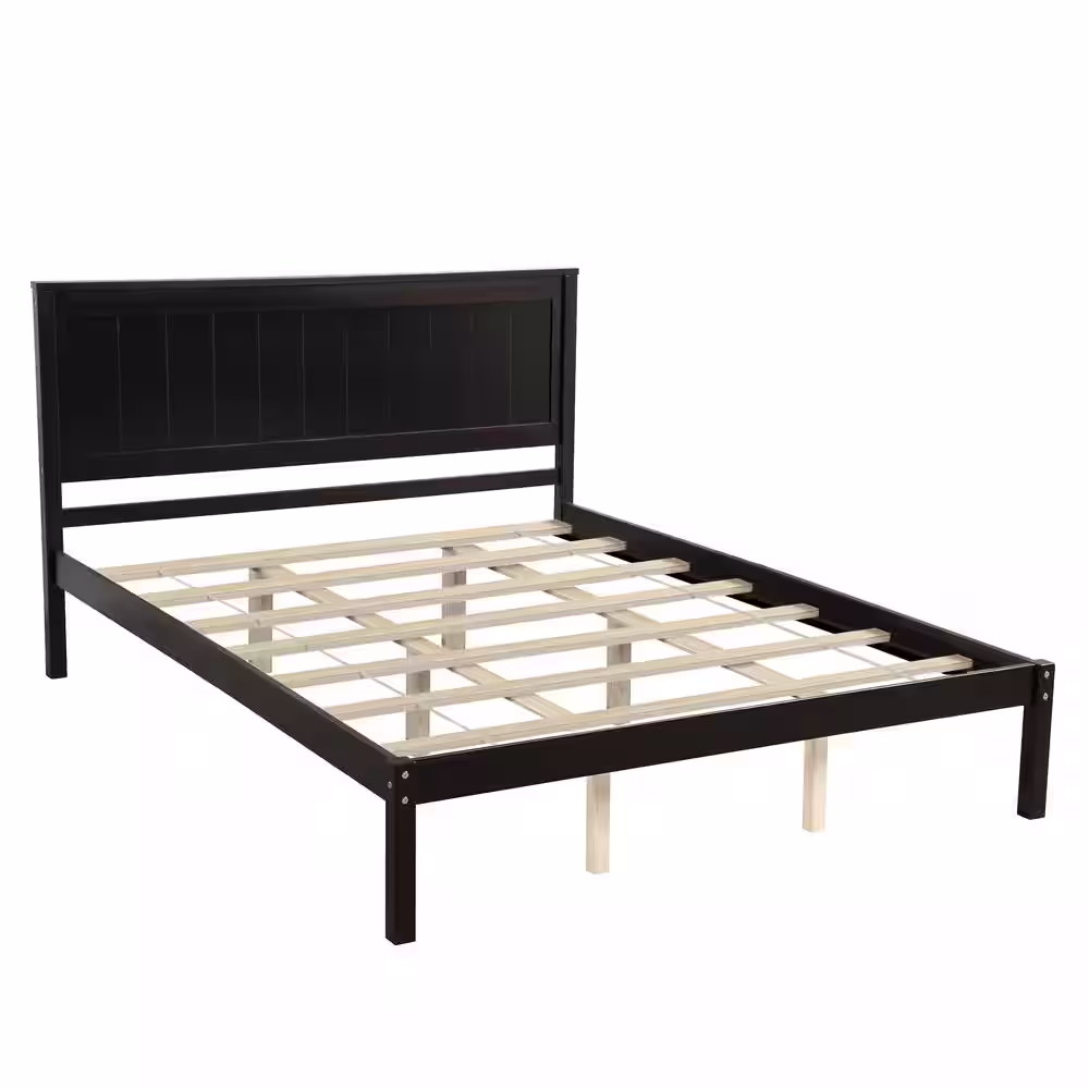 ANBAZAR Queen Size Espresso Bed Frame with Headboard, Wood Queen Size Platform Frame, No Box Spring Needed