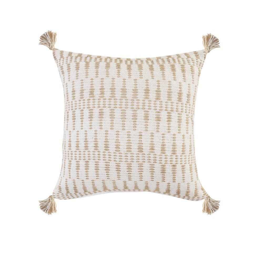 LR Home Natural Ivory / Beige Geometric Tasseled Durable Poly-Fill 20 in. x 20 in. Throw Pillow