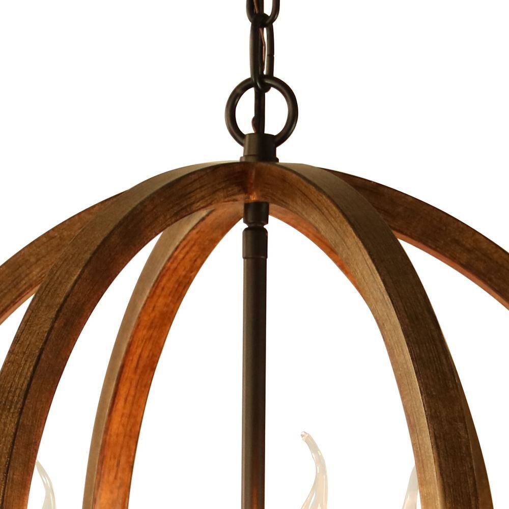 CANYON HOME 3-Light Wood Patterned Rustic Globe Round Steel Sphere Chandelier
