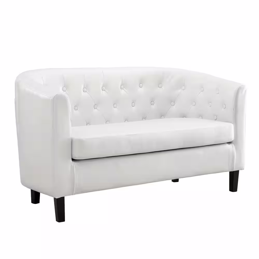 HOMESTOCK White Love Seat, Button Tufted Faux Leather Barrel Loveseat, Midcentury Modern 2-Seater Couch, Small Loveseat