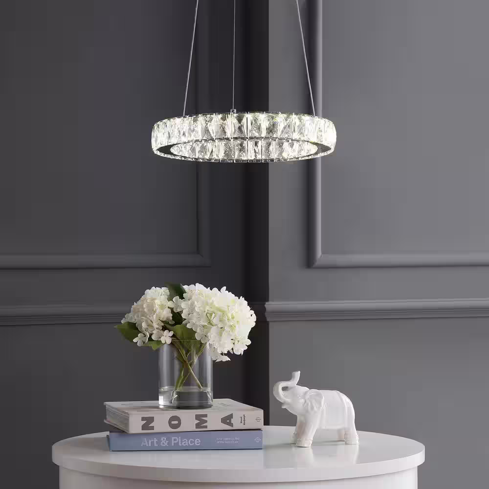 JONATHAN Y Reese 15.7 in. Chrome/Clear Adjustable Integrated LED Metal/Crystal Chandelier Pendant