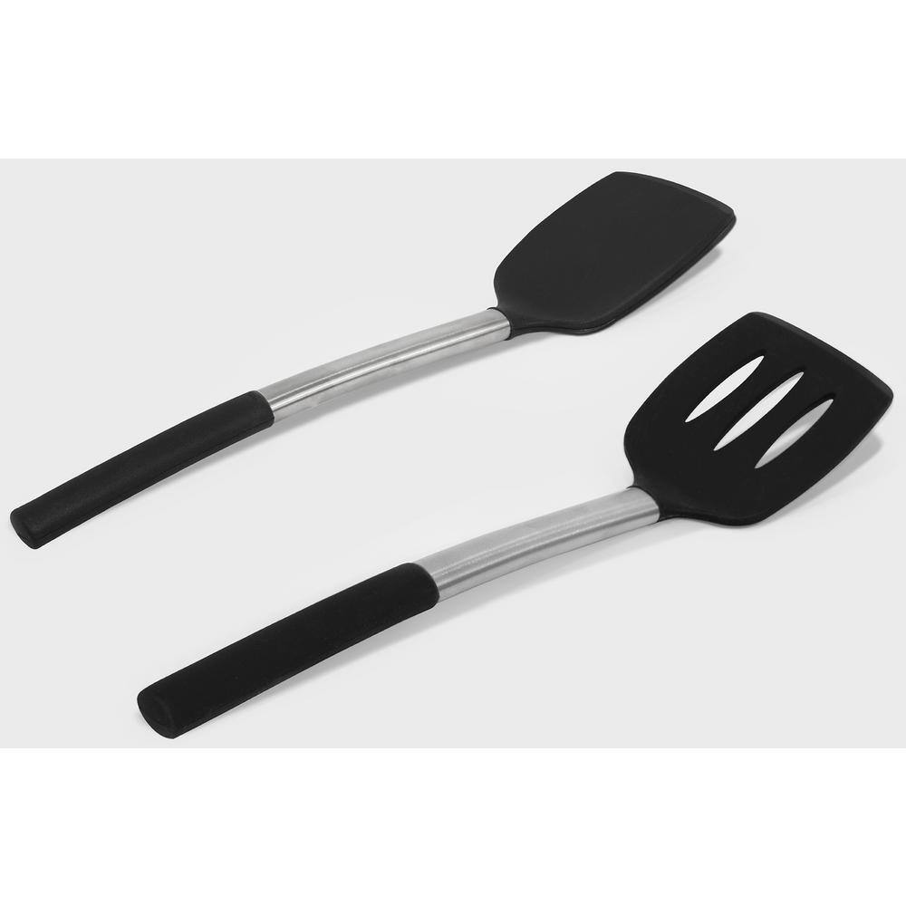 ExcelSteel 2-Piece 13.75 in. Silicone Stainless Turner Set W / Black Silicone