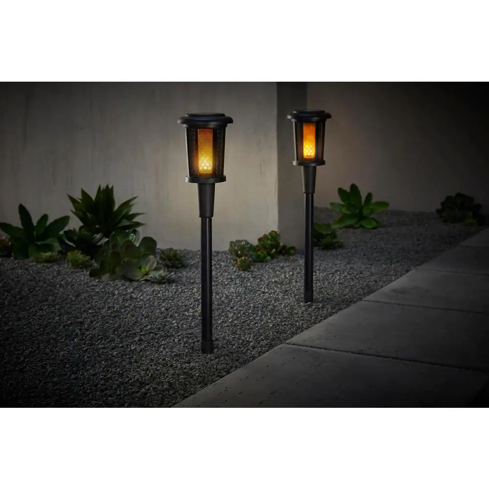 Hampton Bay Ambrose Solar 6 Lumens Matte Black Integrated LED Flicker Flame Torch Path Light with Adjustable Height (2-Pack)