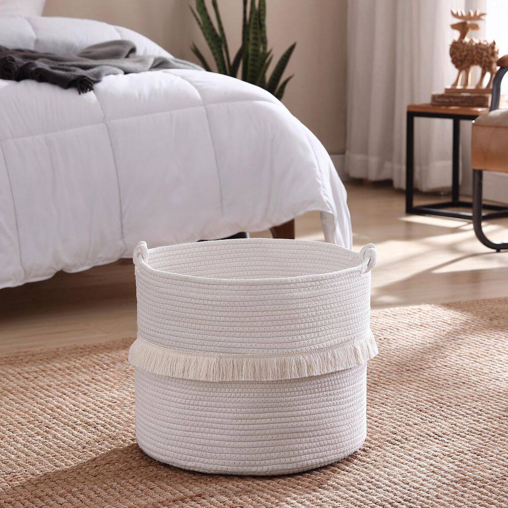 None Round Woven Boho Cotton Rope Storage Basket with Fringe Tassels