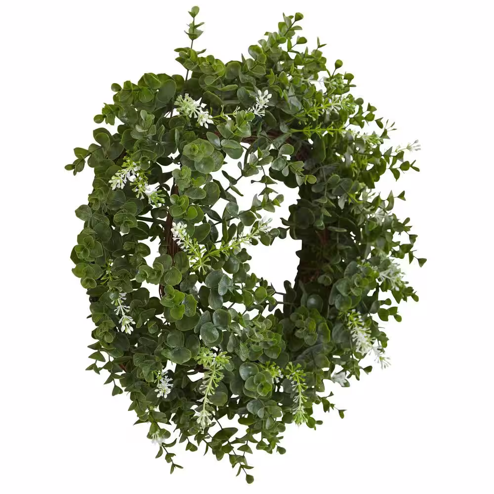 Nearly Natural 18 in. Artificial Eucalyptus Double Ring Wreath with Twig Base