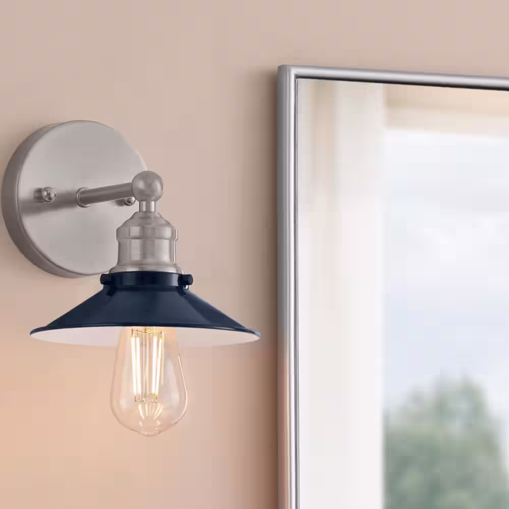 Hampton Bay Glenhurst 1-Light Cobalt and Brushed Nickel Industrial Farmhouse Indoor Wall Sconce Light Fixture with Metal Shade