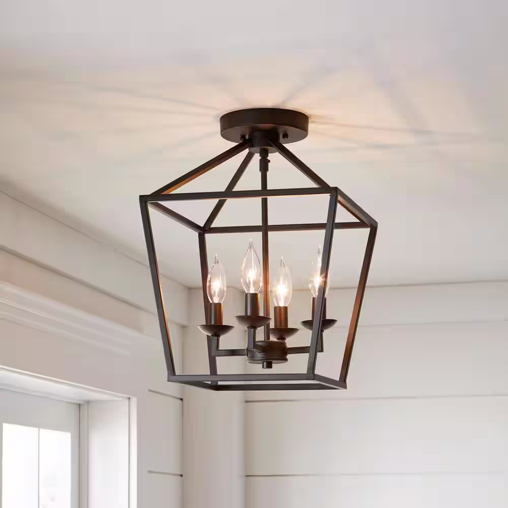 Home Decorators Collection Weyburn 16.5 in. 4-Light Bronze Farmhouse Semi-Flush Mount Ceiling Light Fixture with Caged Metal Shade