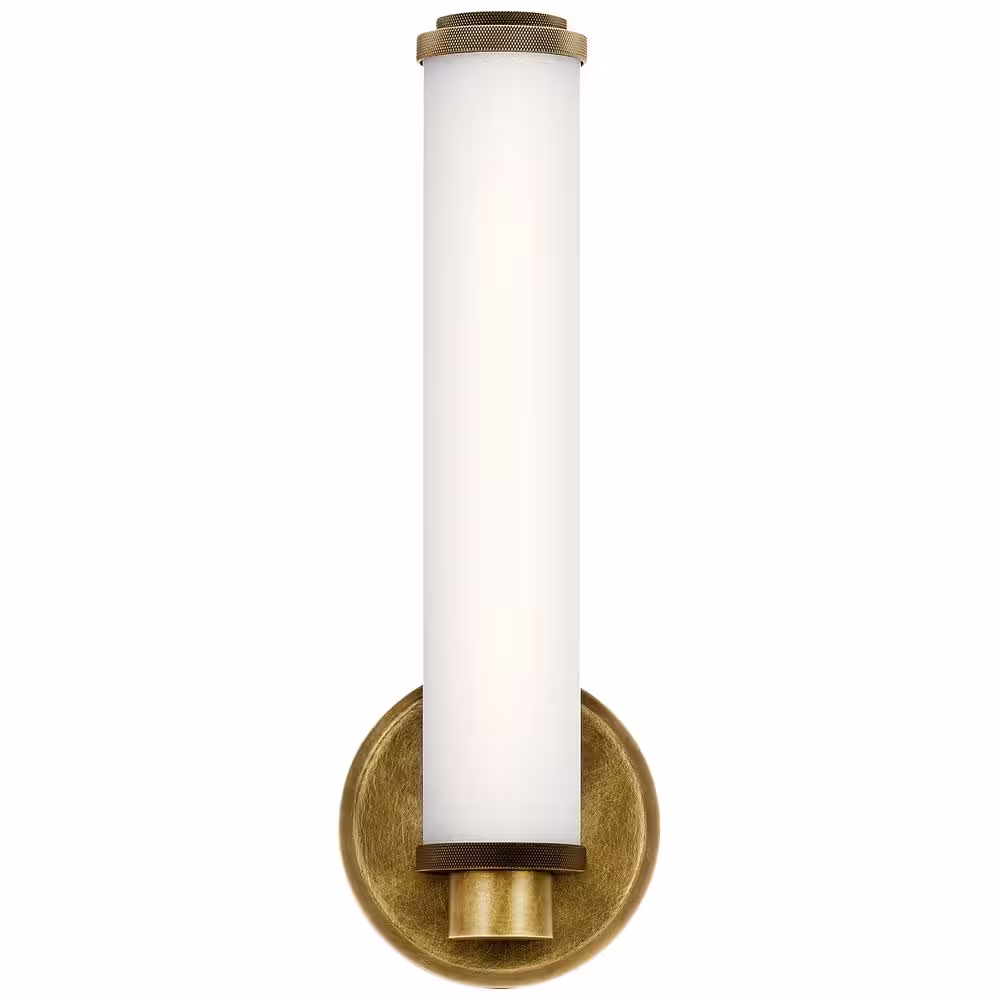 KICHLER Indeco 16-Watt Natural Brass Integrated LED Bathroom Indoor Wall Sconce Light with Satin Etched White Glass Shade