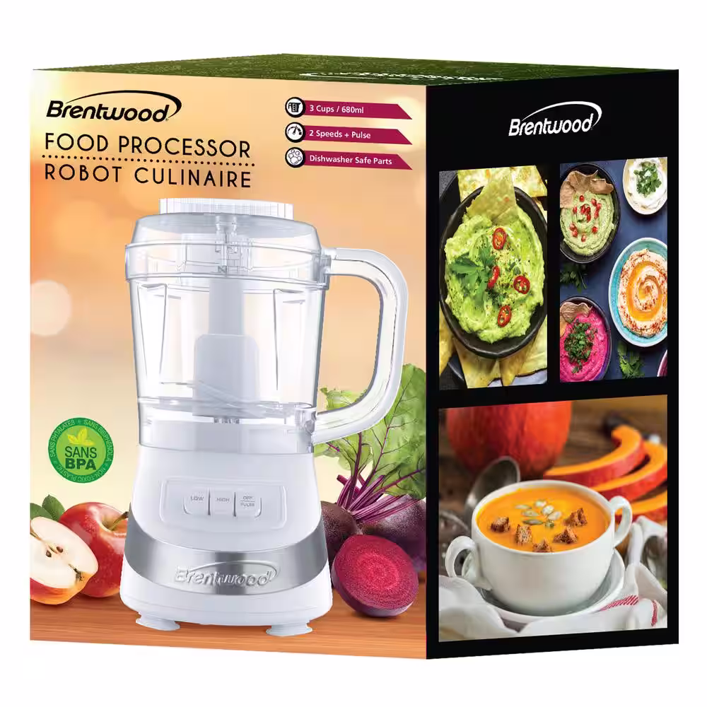 Brentwood 3-Cup 2-Speed White Food Processor
