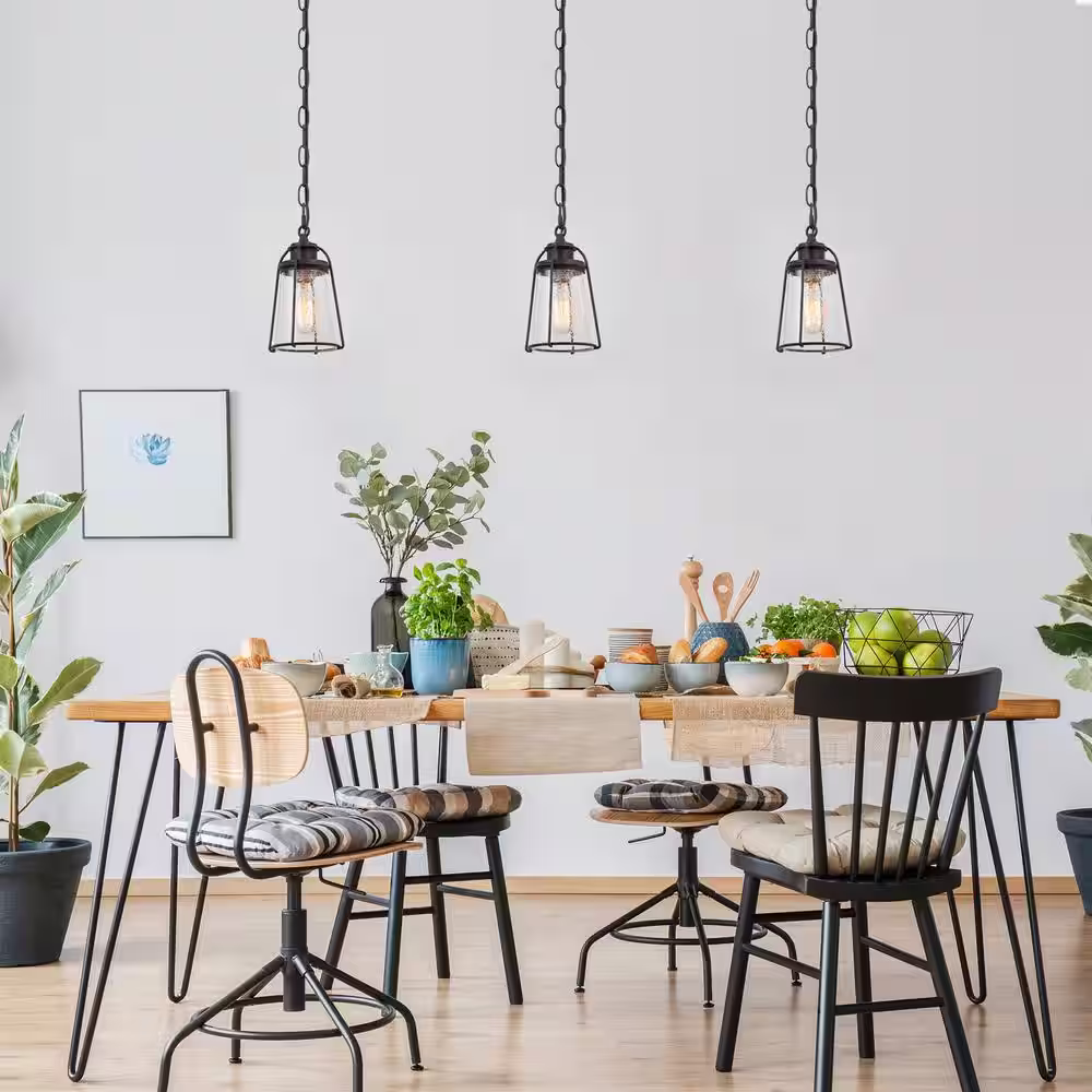 Uolfin Farmhouse Black Kitchen Pendant Light, Maya 1-Light Modern Industrial Bronze Pendant Light with Caged Seeded Glass Shade