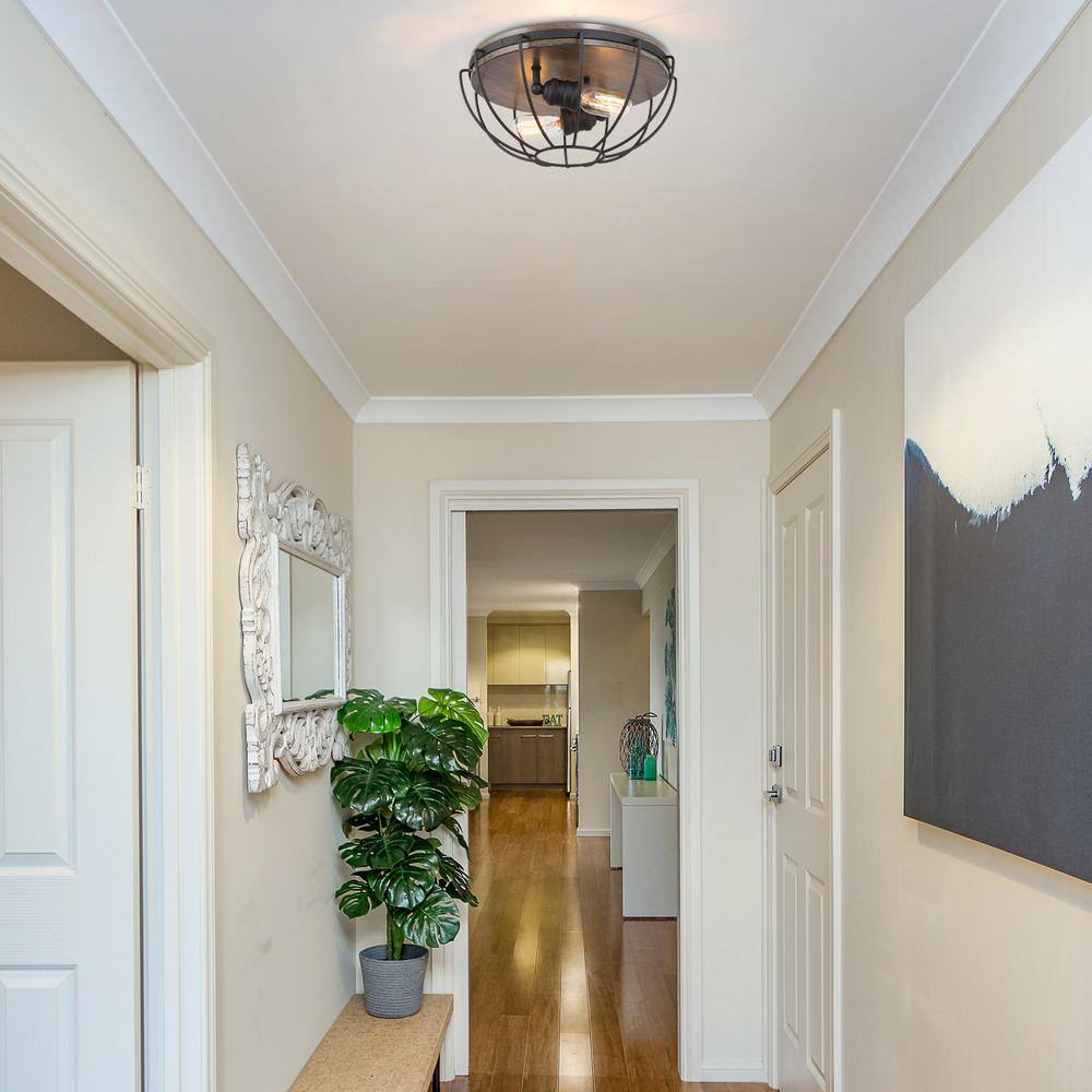 LNC Industrial Black Semi Flush Mount 2-Light 14.5 in. Cage Rustic Bedroom Ceiling Lights with Wood Accents