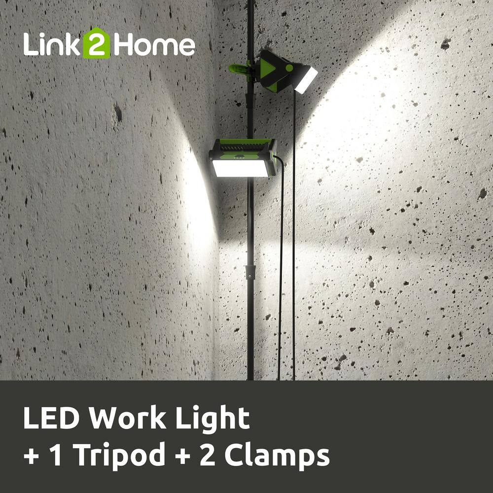 Link2Home 4800 Lumens 2 x 30-Watt LED Work Lights, with 1 Tripod and 2 Clamps, Black