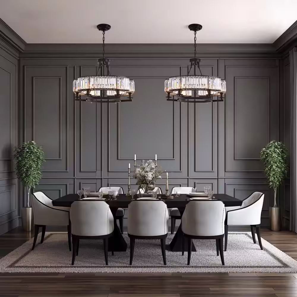 SILJOY Modern Crystal Chandelier 26 in. 6-Light Black Drum Pendant Lighting Ceiling Semi Flush Mount