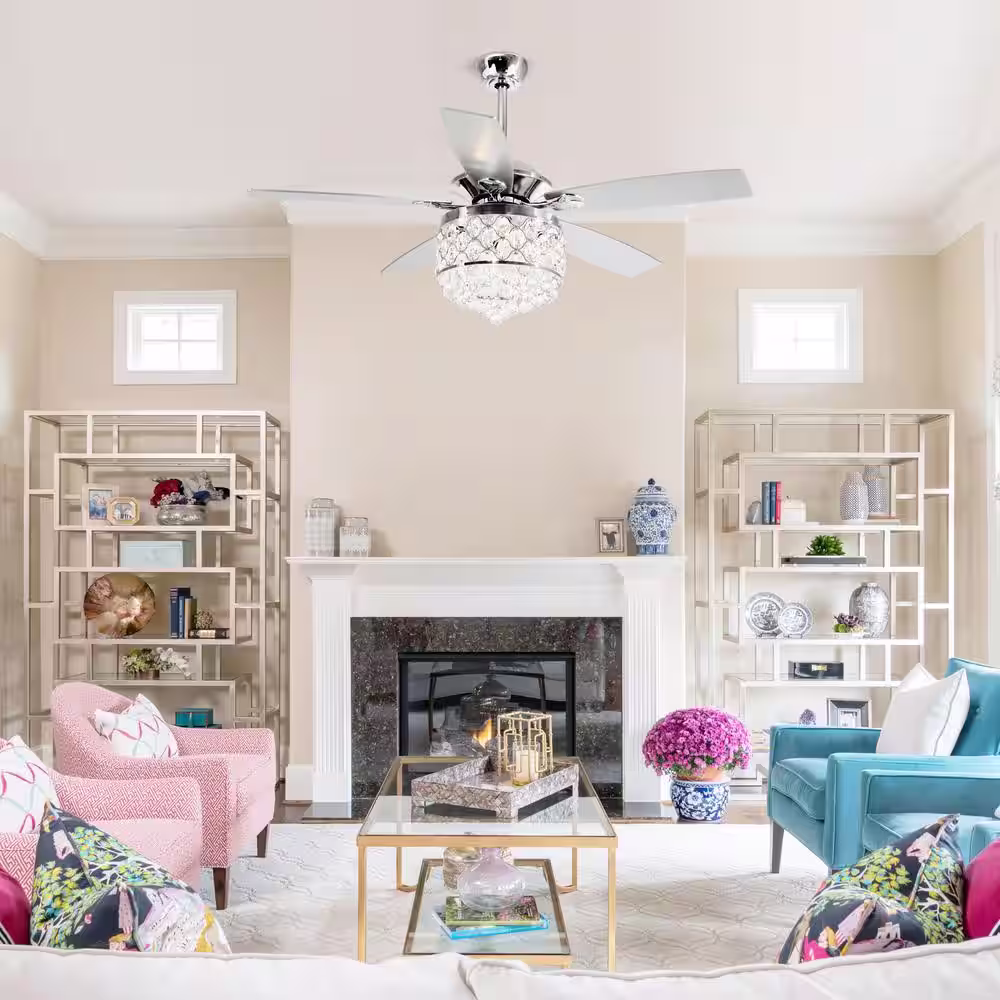 Parrot Uncle Amold 52 in. Indoor Downrod Mount Crystal Chrome Ceiling Fan with Light Kit and Remote Control