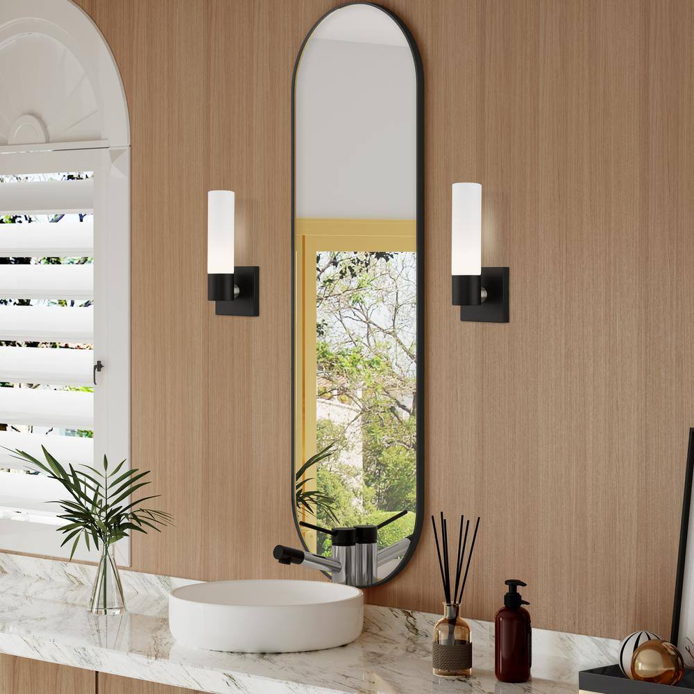 AVIANCE LIGHTING Aspen 4.5 in. 1-Light Black ADA Wall Sconce with Hand Blown Satin Opal White Twist Lock Glass