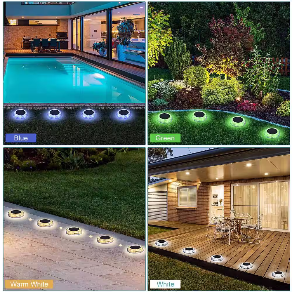 eLEDing Solar Powered 4-Lights Deco Clear LED In-Ground Well Light, Garden Pool Porch Waterproof Warm White LED