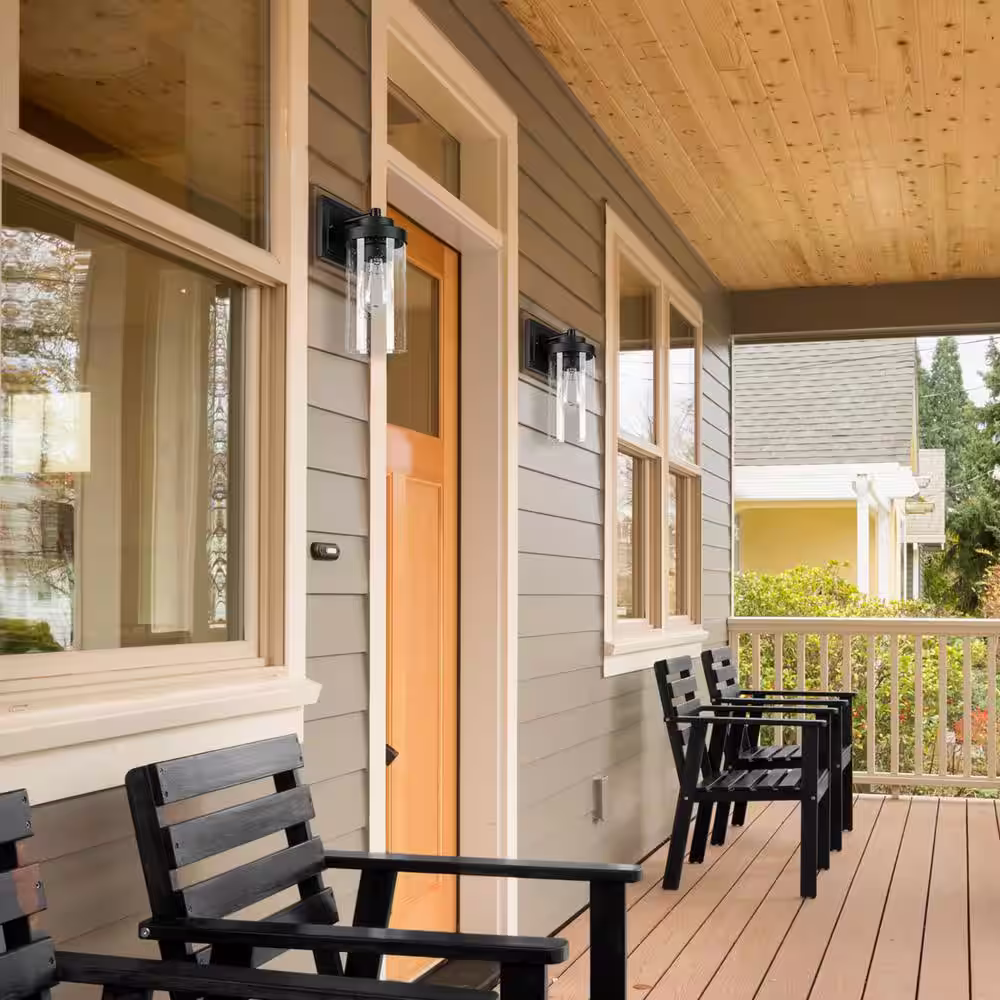 Globe Electric Axel Matte Black Minimalist Indoor/Outdoor 1-Light Wall Sconce  with Seeded Glass Shade